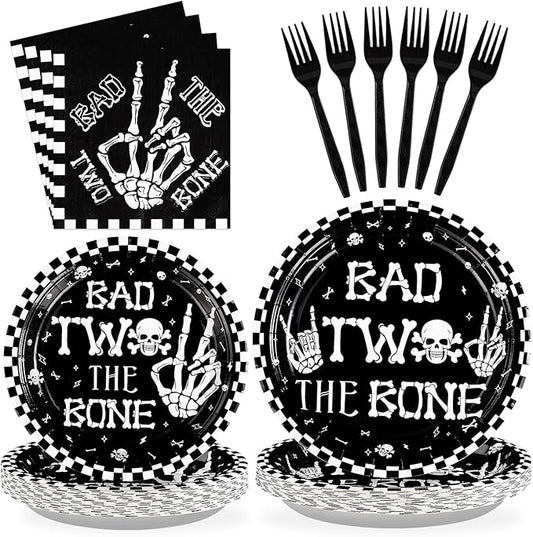 96Pcs Bad Two The Bone Party Supplies Black White Rock 2nd Birthday Plates and Napkins Tableware Bone Skull Second Birthday Party Decoration for Boy Skeleton Rock And Roll Music Theme Favors Serve 24