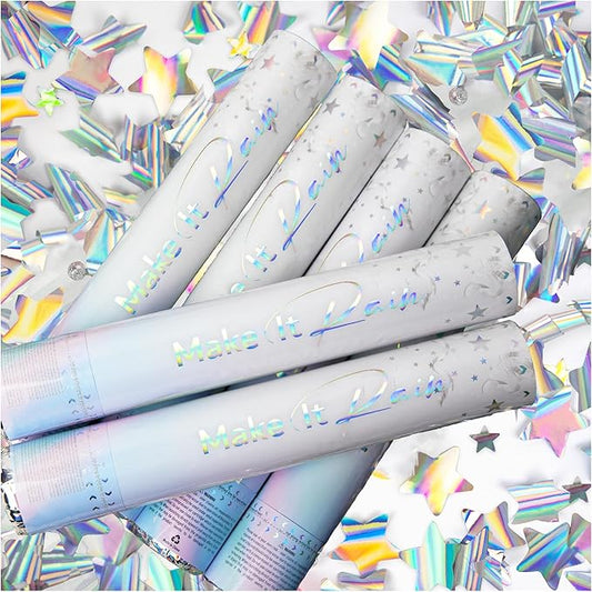 PrimePure Confetti Cannon Party Poppers - Holographic Silver Stars Confetti Popper - 6 Pack - Party Cannon Silver Glitter Star Pop Gun for Birthday, Wedding, Graduation, Celebration, Pranks