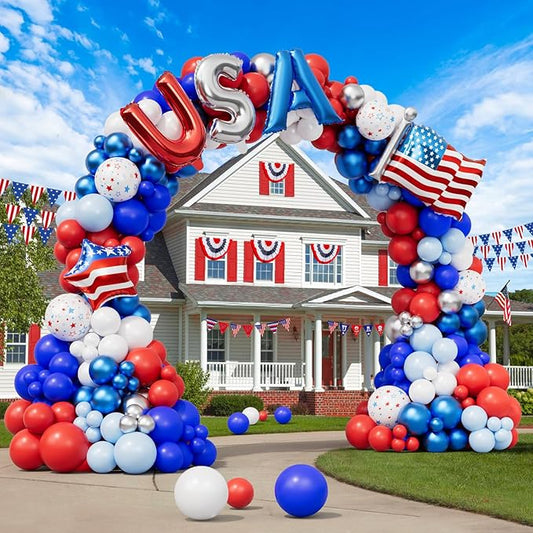 DBKL 156Pcs Red White and Blue Balloons Garland Arch Kit with USA Flag Foil Balloon, Patriotic Balloons for 4th of July Graduation Birthday Baseball Party Decorations