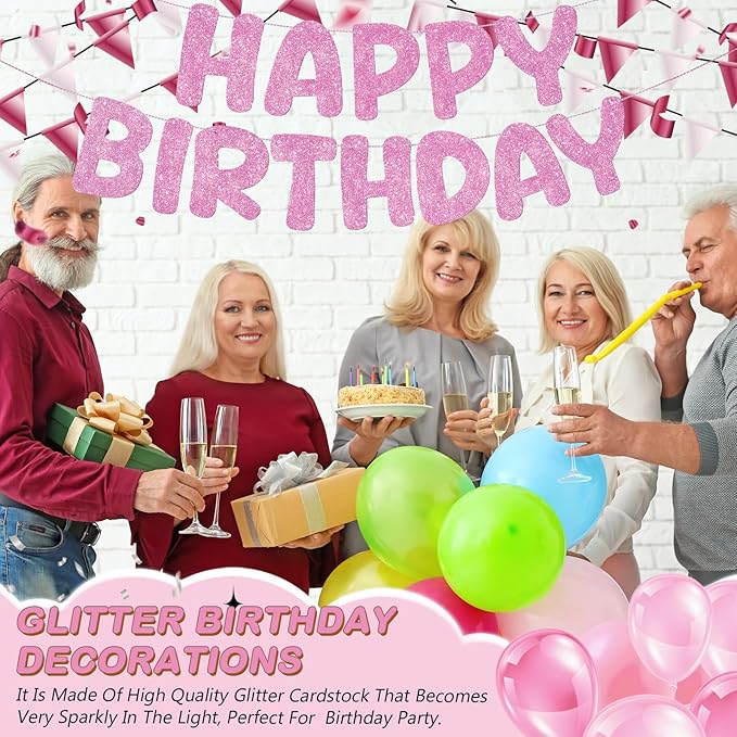 Fulmoon Glitter Pre Strung Happy Birthday Banner No DIY Party Decorations Happy Birthday Sign Decor for Men Women Boy Girls Backdrop(Pink)