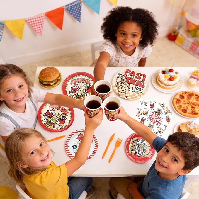 144Pcs Food Birthday Party Supplies Decorations Hamburger Fried Chicken Fries Themed Paper Plates Napkins Vintage Party Tableware Disposable Dinnerware for Boy Kid Birthday Table Decor, Serve 24