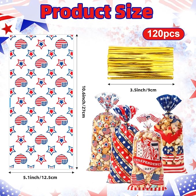 4th of July Cellophane Treat Bags, 120 PCS 4th of July Gift Bag, Patriotic Treat Bags, Plastic Red Blue and White Candy Cookie Goodie Snack Bag for Independence Day Fourth of July Party Favor Supplies
