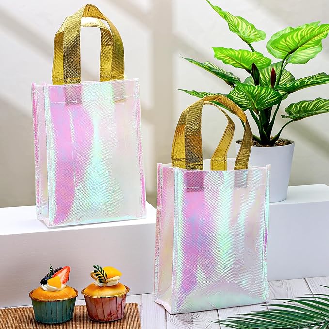 Xosjska 20 Pieces Iridescent Gift Bags Bulk Glossy Reusable Grocery Bag Holographic Gift Bags Pink Non Woven Tote Bag with Handles for Shopping Birthday Party Wedding(6 x 3 x 8 Inch, Pink)