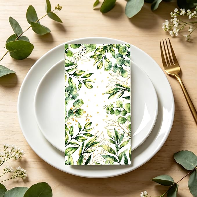 Greenery Paper Napkins, 200 Pcs Green Napkins Disposable, Green Guest Eucalyptus Leaf Decorative Dinner Napkin Paper Hand Towels for Bathroom Wedding Birthday Graduation Spring Party Decor Supplies