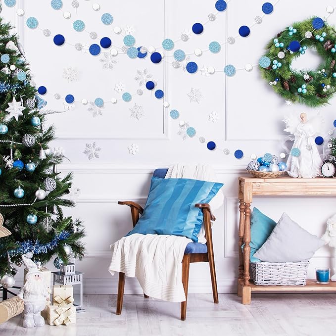 Outus 10 Pieces Silver Round Dots Garland Graduation Party Hanging Decor Each Length 13.1ft Glitter Paper Dot Streamers for Birthday Wedding Classroom Supplies (Blue)