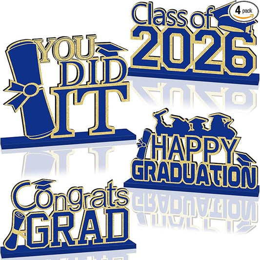 4Pcs Blue and Gold Graduation Decorations Class of 2026 Congrats Grad Wooden Table Centerpieces Grad Table Decorations for Graduation Centerpieces