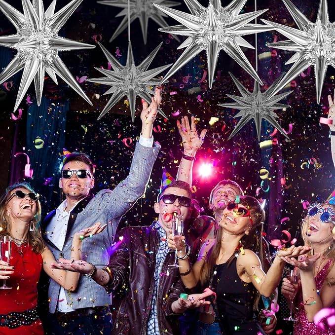TONIFUL 4 Pcs 22inch 4D Huge Silver Star Balloons Explosion Star Mylar Foil Balloons for Party Supplies Backdrop Christmas,New Year,Birthday, Wedding,Photo Booth Ornament