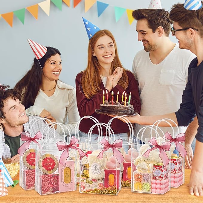 Jutieuo 24 PCS Clear Gift Bags with Handles, 5.9 x 7.9 x 2.8 Inches Reusable Plastic Goodie Bag Transparent Party Favor Bags Bulk for Weddings Birthdays Events, Classrooms & Celebrations