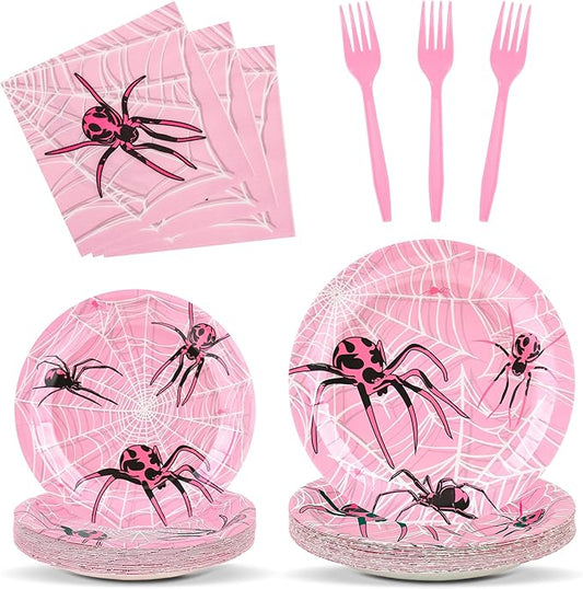 96 Pcs Pink Ghost Spider Party Supplies Disposable Tableware Set Serve 24 Guests Include Spider Web Paper Plates and Napkins Plastic Forks for Birthday Party Baby Shower Halloween Decorations(Pink)
