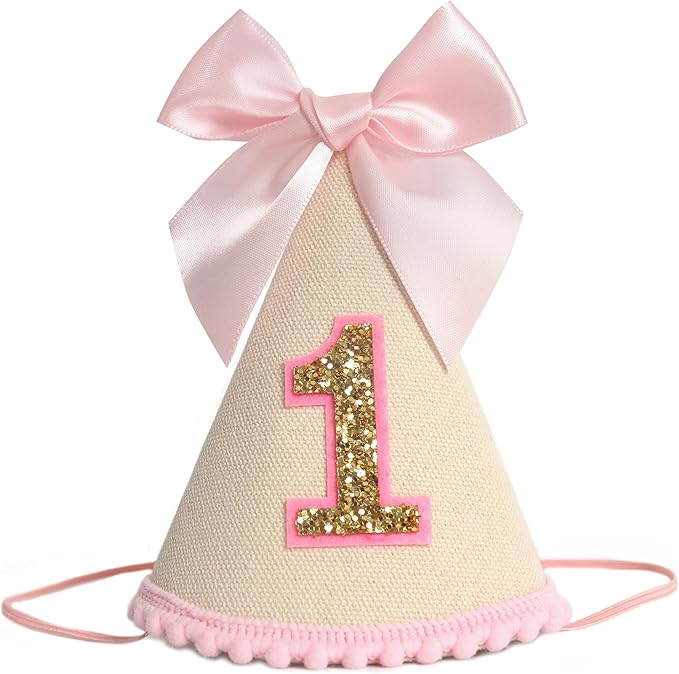 Pink Bow 1st Birthday Hat For Girl -Pink Girls First Birthday Decorations,Princess Theme Photo Prop,Size: 5.5×3.1 In