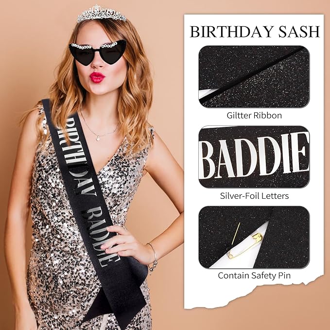 KICOSY 3PCS Birthday Baddie Sash, Crystal Crown and Sunglasses Funny Baddie Outfits Birthday Party Accessories