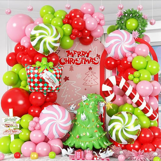 Christmas Balloon Garland Arch Kit, 105Pcs Red Green Pink Latex Balloons with Candy Cane Lollipop Mylar Foil Balloons for Girls Women Xmas Holiday Birthday Christmas New Year Party Decorations