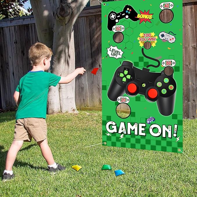 Vuzvuv Video Game Toss Games Banner with 4 Bean Bags 5 Scores Holes Throwing Theme Party Favors, for Adults Birthday Party Decorations