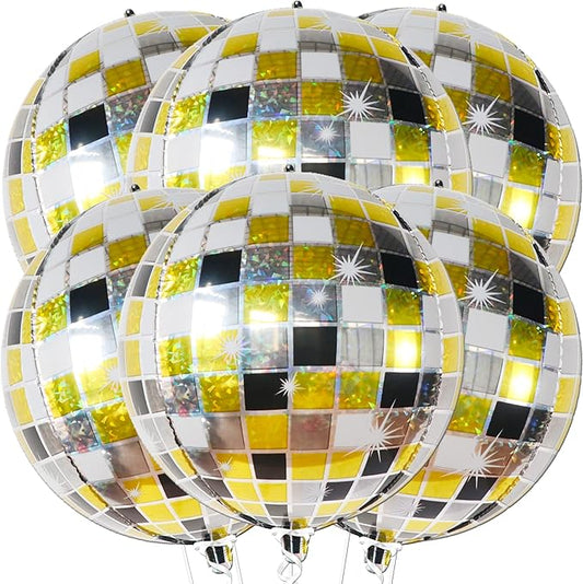 KatchOn, Multicolor Disco Ball Balloons - 22 Inch, Pack of 6 | 4D Sphere Disco Balloons for Black and Gold Birthday Decorations | Graduation Decorations 2026, Black and Gold Party Decorations