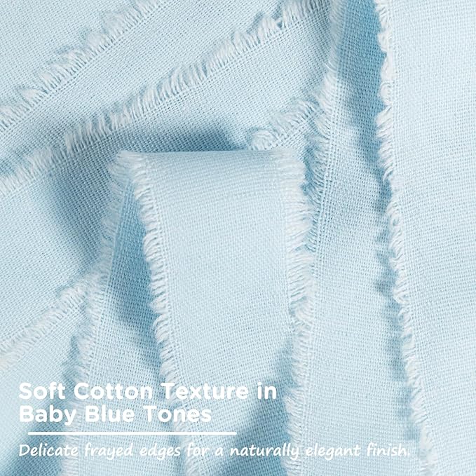 Baby Blue Cotton Ribbon 1 Inch Baby Blue 3 Rolls 21 Yards Frayed Edge Fabric Set for Baby Shower, Wedding Invitations, Nursery Decor, Christening & First Birthday Party