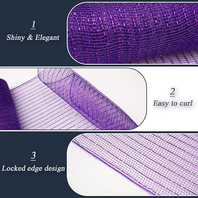 2 Pcs Purple Deco Mesh Ribbon Rolls 10 Inch 10 Yards(30 ft) Decorative Mesh Fabric with Foil for Wreaths Christmas Tree Ribbon Door DIY Craft Halloween Decor Wedding Party Supplies (Purple, 2Pcs)