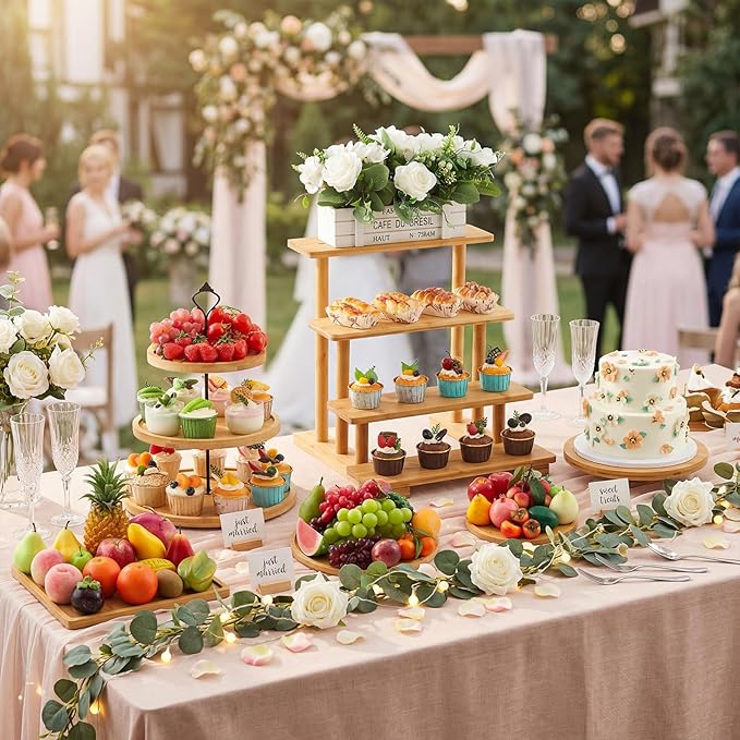 Roowest Wood Cake Stands Set of 6 Wood Dessert Tower Trays Stand Cupcake Stand Rustic 3 Tier Farmhouse Cupcake Serving Stands with Dessert Trays for Tea Party (Bamboo)