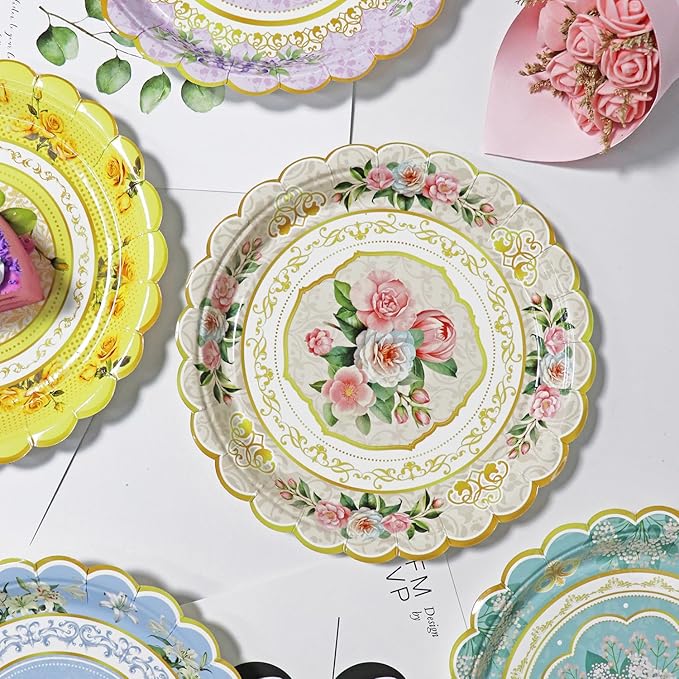 102-Pack Floral Paper Plates, Tea Party Decorations, 7 Inch Disposable Floral Plates for Tea Party, Baby Shower, Bridal Shower, Birthday, Wedding and Any Celebration