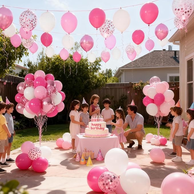 Hot Pink White Balloons Set, Include 50pcs 12inch Pastel Light Pink Confetti White Latex Balloons and Metallic Pink Balloon with Ribbons for Birthday Wedding Princess Party Decorations