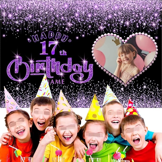 Dicodes Customizable Happy Birthday Decoration Banner - Black and Purple Shiny - Large Size