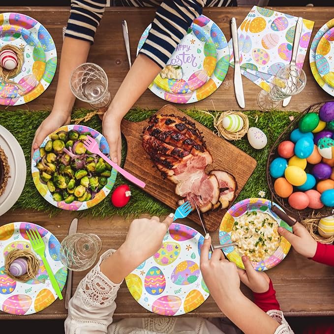 96 Pieces Easter Tableware Set Party Supplies - Happy Easter Colorful Eggs Pattern Disposable Paper Plates, Napkins, Forks Dinnerware for Spring Celebrations, Picnics, Serves 24 Guests