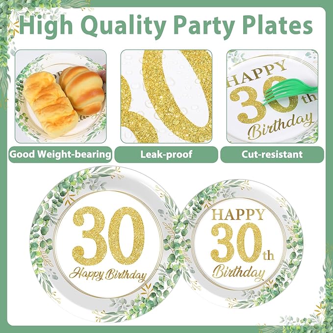 100 Pcs 30th Birthday Decorations Party Tableware Set Greenery Eucalyptus Paper Plates Sage Green Plates Forks and Napkins 30th Birthday Party Decorations for 30 Years Old Women Her Serve 25 Guests