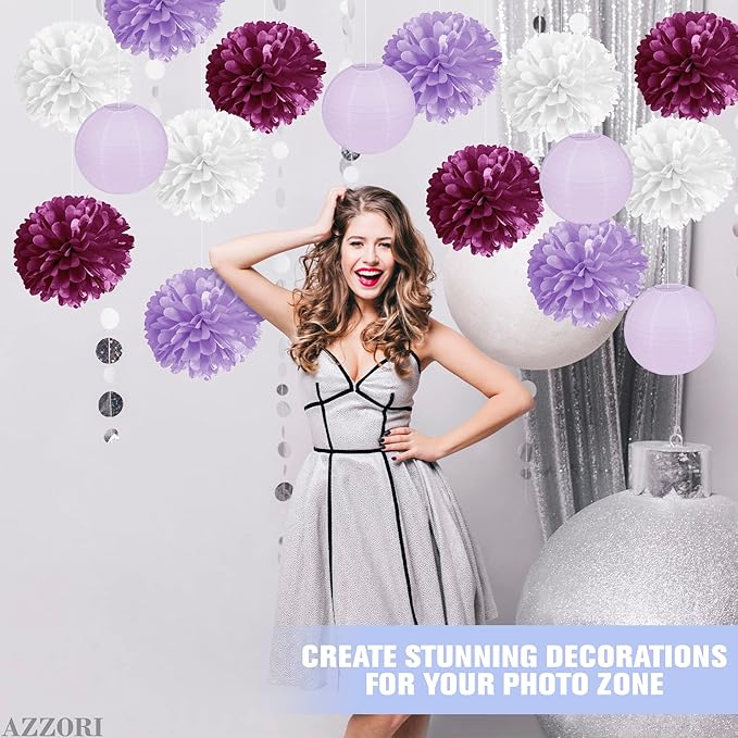 16 Pcs Purple Tissue Paper Pom Poms Set – Purple Decorations for Party with Pom Poms, Flowers & Lanterns – Elegant Reusable Decor with Soft Lavender Tones for Weddings, Events & Party Decorations