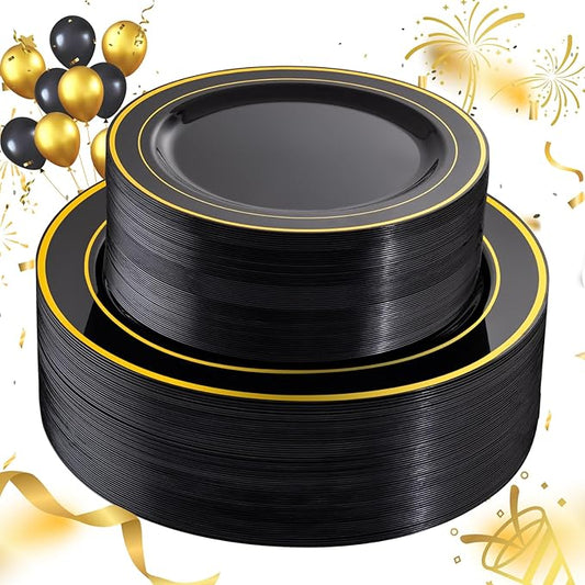 FLOWERCAT 100PCS Black and Gold Plates - Heavy Duty Black Plates Disposable for Halloween Party/New Year/Birthday- Include 50PCS 10.25inch Dinner Plates - 50PCS 7.5inch Dessert Plates
