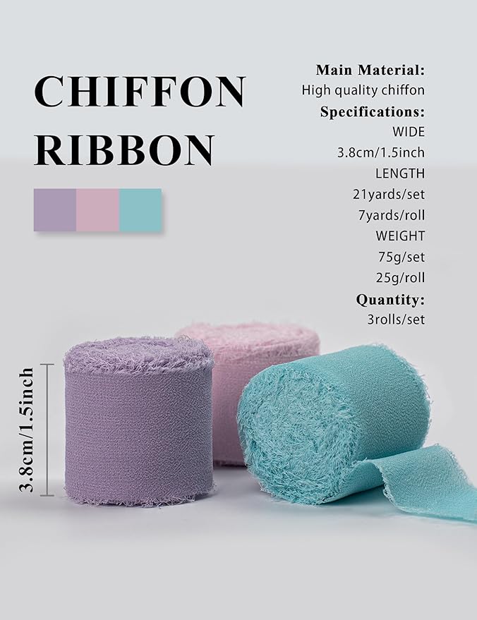 Chiffon Ribbon, Pink Purple Teal Silk Mermaid Ribbon, Mermaid Party Decoration, 1-1/2''x21Yd Handmade Frayed Fringe Ribbon for Gift Wrapping, Floral Vase, Craft, Birthday Party, 3 Rolls