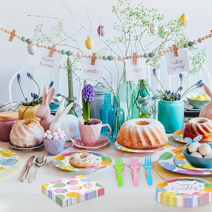 96 Pieces Easter Tableware Set Party Supplies - Happy Easter Colorful Eggs Pattern Disposable Paper Plates, Napkins, Forks Dinnerware for Spring Celebrations, Picnics, Serves 24 Guests