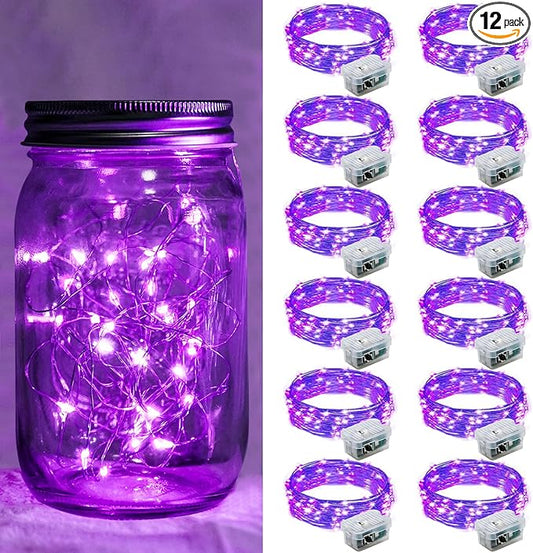 12 Pack Purple Fairy Lights 7Ft 20 LED Twinkle String Lights 3 Modes Battery Operated Waterproof Firefly Starry for Mason Jar Wedding Halloween Christmas Valentines Day Party Table Centerpieces