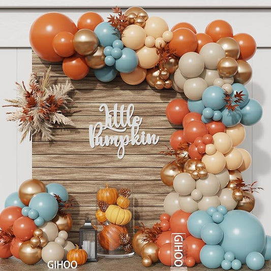Fall Thanksgiving Balloon Arch Kit 137PCS Dusty Blue and Burnt Orange Balloon Garland for Fall Birthday A Little Pumpkin is On The Way Baby Shower Decorations