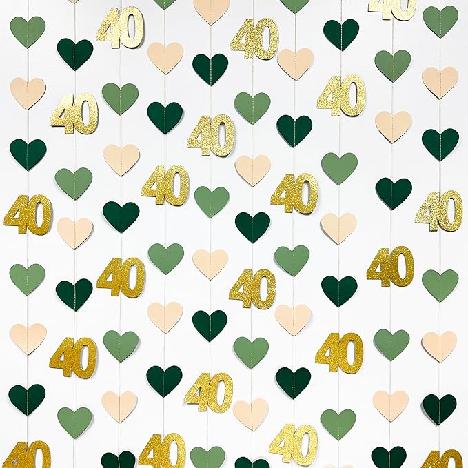 Sage Green Gold 40th Birthday Decorations Sage Green Gold Heart Garland Streamer Banner Backdrop for Women Happy 40th Birthday Vintage 1986 Cheers to 40 Years Old Fabulous Anniversary Party Supplies