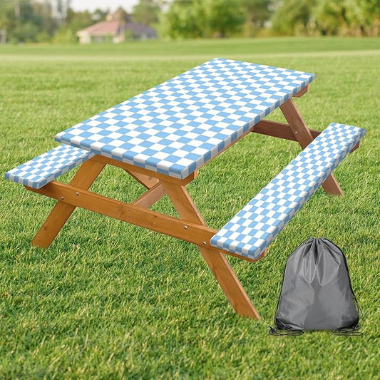 Picnic Table Cover with Bench Covers and Bag, Blue and White Checkered Gingham Buffalo Plaid Camping Tablecloth Waterproof Windproof Elastic Edges Fitted Tablecloths for Outdoor Garden 3PCS 30x96 Inch