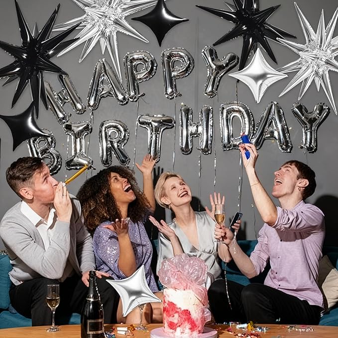 TONIFUL 18Pcs 22Inch Black Silver Large Explosion Star Mylar Balloons and 10Inch Four Pointed Star Balloons Set for Christmas New Year Birthday Wedding Bridal Shower Anniversary Photo Booth Supplies