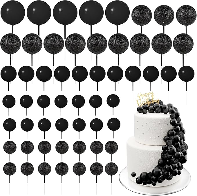 60Pcs Glitter Cake Balls Decorations Foam Cake Topper Balls Mini Balloon Cupcake Toppers for Cake Decorating Birthday Baby Shower Party (Glitter Black)