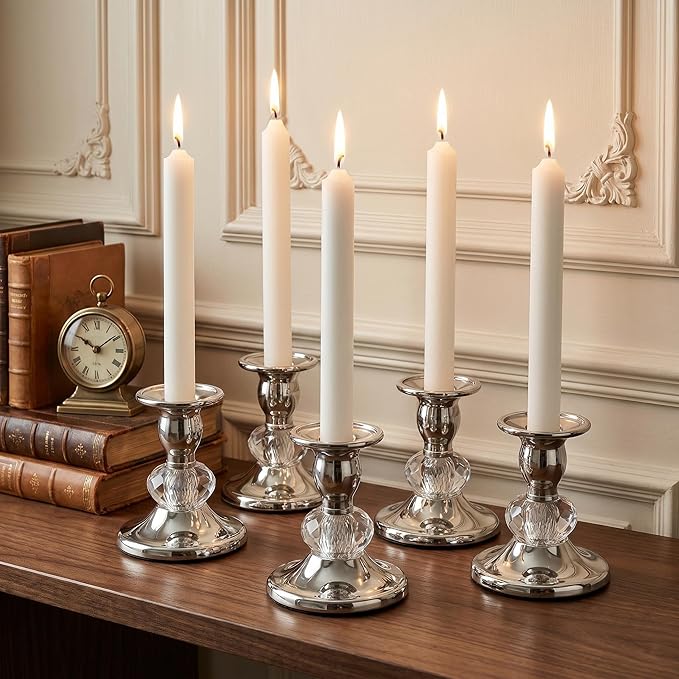 Candlestick Holders Taper Candle Holders, Candle Stick Candle Holder for Table Centerpiece, Wedding Reception, Festive Christmas Mantel Decoration or Home Decor (Silver, 3 Sets(6 Pcs))