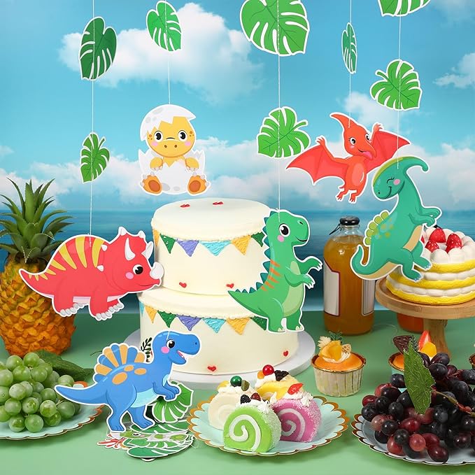 Daifunli 8 Pcs Dinosaur Party Decorations Dinosaur Garlands Watercolor Dino Hanging Banner Palm Leaves String Decor for Boy Jungle Dino Theme Birthday Baby Shower Party Supplies Home Wall Backdrop