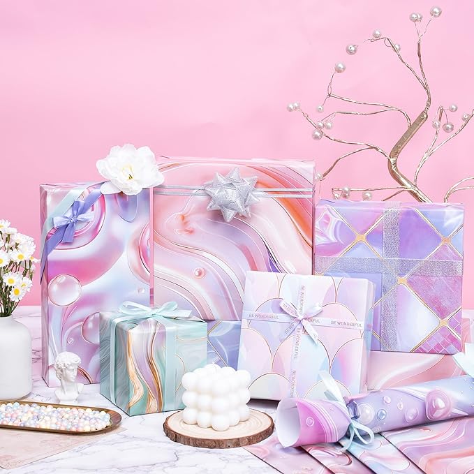 Larcenciel Holographic Gift Wrapping Paper, Iridescent Mermaid Scale Pattern, Pearl Finish, 6 Sheets with 6 Gift Bows –Pink & Purple Birthday Wrapping Paper for Girls Baby Shower Holiday All Occasions
