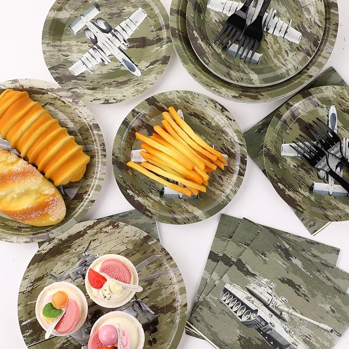 Camo Army Birthday Party Supplies Army Party Paper Plates And Napkins Camouflage Party Tableware Army Soldier Camouflage Party Disposable Dinnerware for Birthday Baby Shower Party Decoration Serve 24