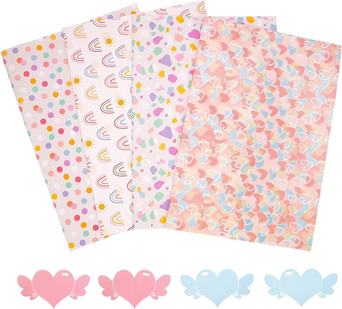Larcenciel Gift Wrapping Paper, Birthday Wrapping Paper for Girl w/Gift Tags, Rainbow Polka Dots Heart Gift Wraps for Birthday, Valentines Day, Christmas, Wedding, Baby Shower, 4 Sheets 27.5x19.6inch
