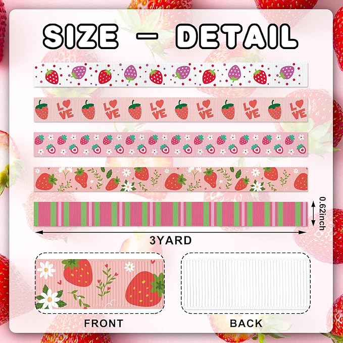 YKW 5 Pack Strawberry Ribbon, 5/8 Inch x 3 Yards Each, Love Hearts Floral Pattern Grosgrain Ribbon, for Gift Wrapping Hair Bows Party Decoration