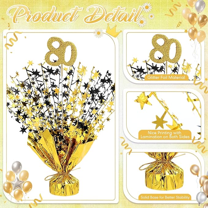 Tatuo 4 Pcs Metallic Foil Spray Centerpiece Happy 30th 40th 50th 60th 70th 80th Years Centerpiece Table Decorations for Black and Gold Birthday Anniversary Wedding Party Table Decor (80th Birthday)