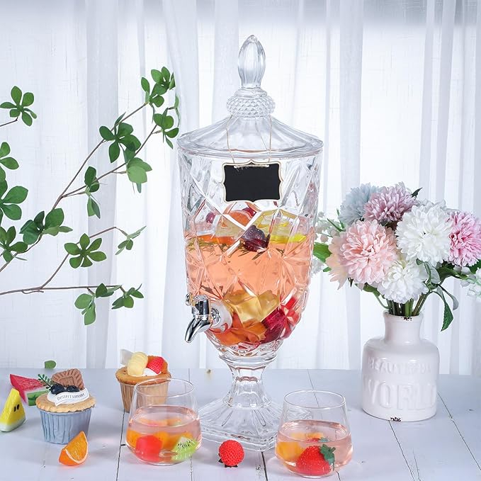 Zhehao 2 Pcs Drink Dispensers for Parties 1.3 Gallon Glass Beverage Dispenser Clear Vintage Crystal Iced Beverage Dispenser with Spigot and 2 Wooden Chalkboard Wide Mouth Beverage Server for Bar Home