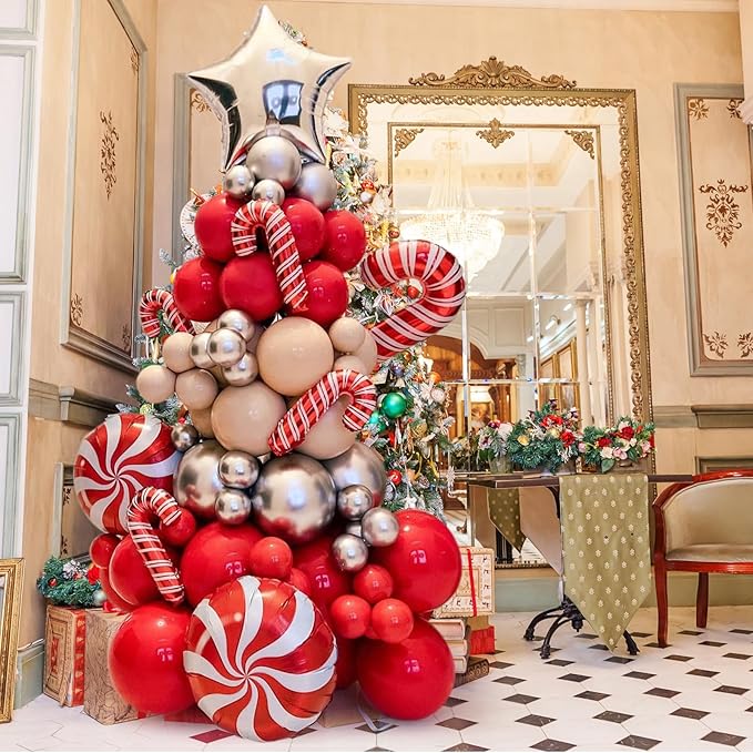 Christmas Balloon Arch Kit - Christmas Tree Garland Xmas Red Silver Beige and Candy Foil Silver Star Balloons for Christmas Party Decorations Birthday Party New Year Party