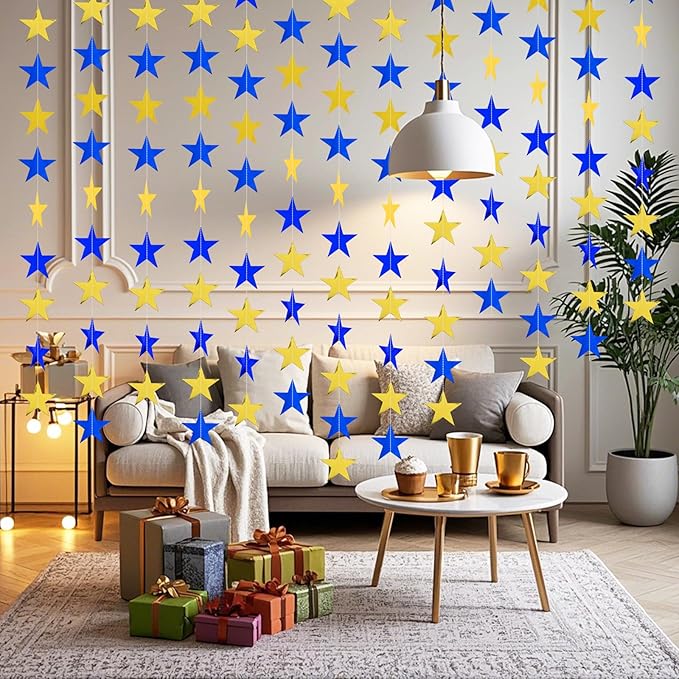Glitter Star Garland Banner Decor 130 Feet Gold Blue Star Garland Hanging Bunting Banner Backdrop for Graduation Wedding Birthday Holiday Party