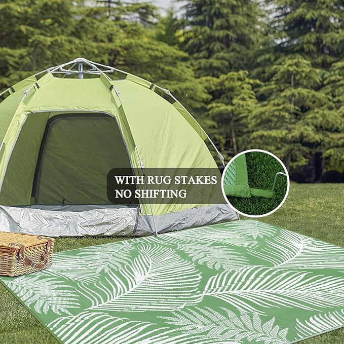 Pauwer Waterproof Outdoor Rug 6x9, Reversible Plastic Straw Patio Camping Rug, Indoor Outdoor RV Mat Carpet for Deck, Camper, Porch, Balcony, Backyard, Picnic, Leaf Green