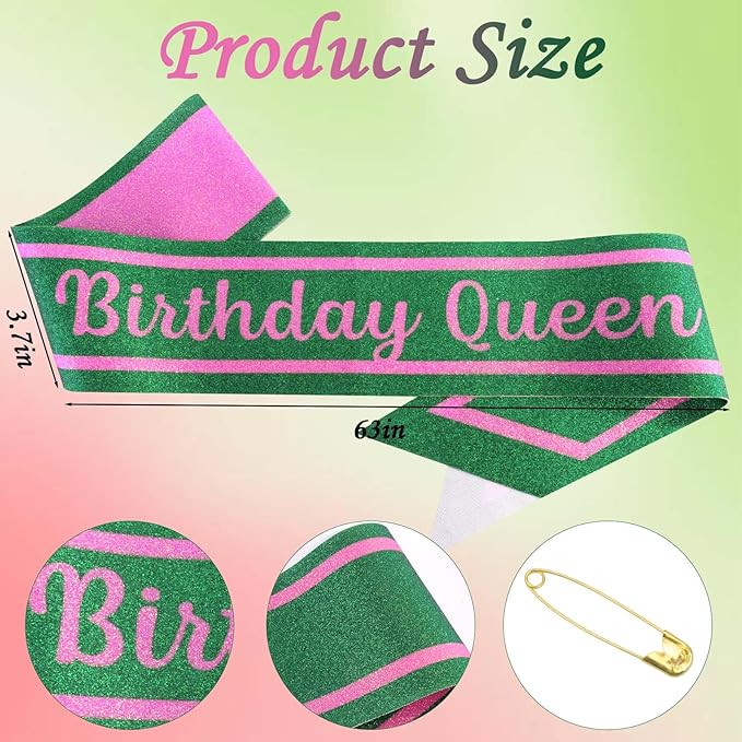 Pink Green Birthday Sash for Girls, Letter "Birthday Queen" Witch Themed Sash with Glitter Foil, Happy Funny Accessories for Party Favors Supplies