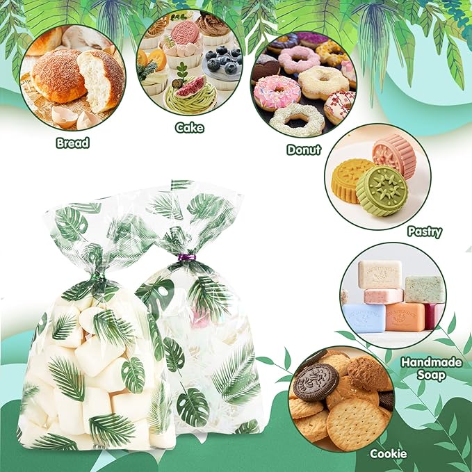 LEOSINDA100 Pcs Gift Wrap Cellophane Treat Bags, 5 X11 Inch Hawaiian Palm Leaf Cellophane Candy Bags with for Candy,Cookies,Wedding Bridal Decorations Birthday,Valentine Party with Twist Ties