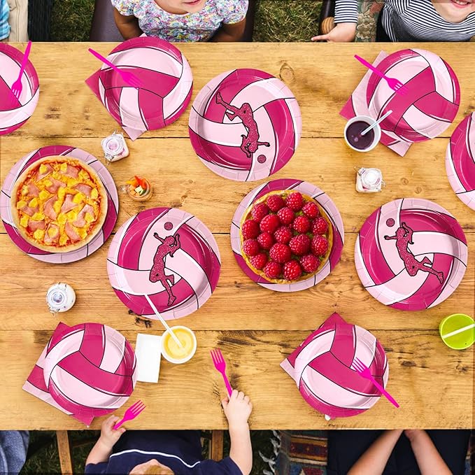Grencian 96Pcs Pink Volleyball Party Supplies Volleyballs Paper Plates and Napkins Sports Birthday Party Disposable Tableware for Girl Volleyball Birthday Decorations Serves 24